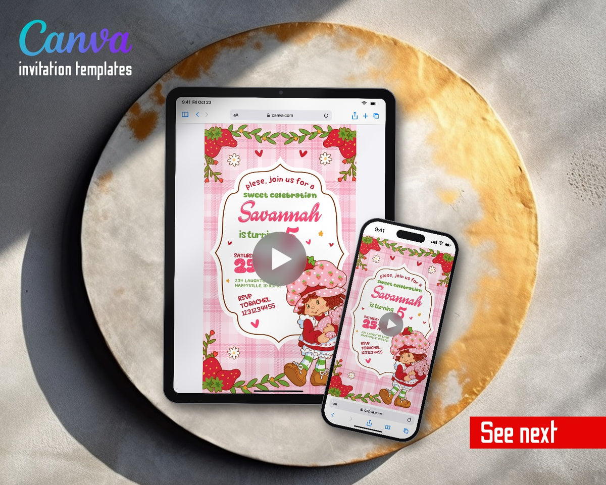 Strawberry Shortcake Pink Gingham Strawberries Video Birthday Invitation | Animated Evite | Editable Canva