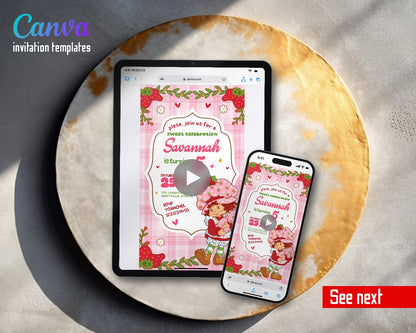 Strawberry Shortcake Pink Gingham Strawberries Video Birthday Invitation | Animated Evite | Editable Canva