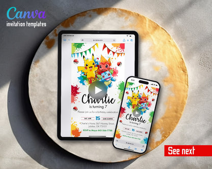 Pokemon Pikachu Paint Splash Starters Video Birthday Invitation | Animated Evite | Editable Canva