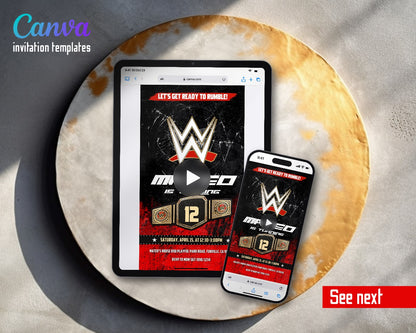Wrestling WWE WrestleMania Belt Red Black Video Birthday Invitation | Animated Evite | Editable Canva