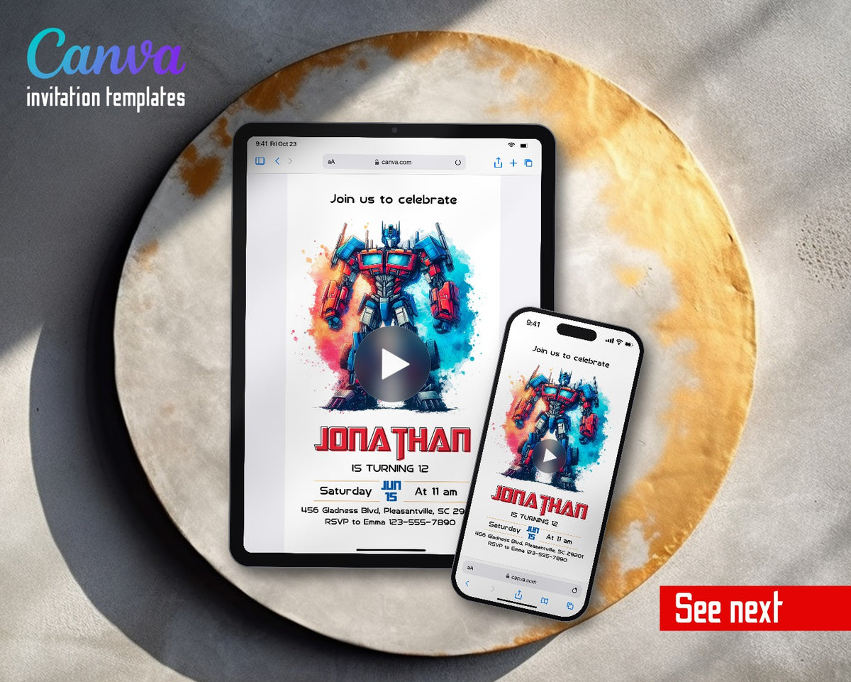 Transformers Rescue Bots Watercolor Splash Optimus Video Birthday Invitation | Animated Evite | Editable Canva