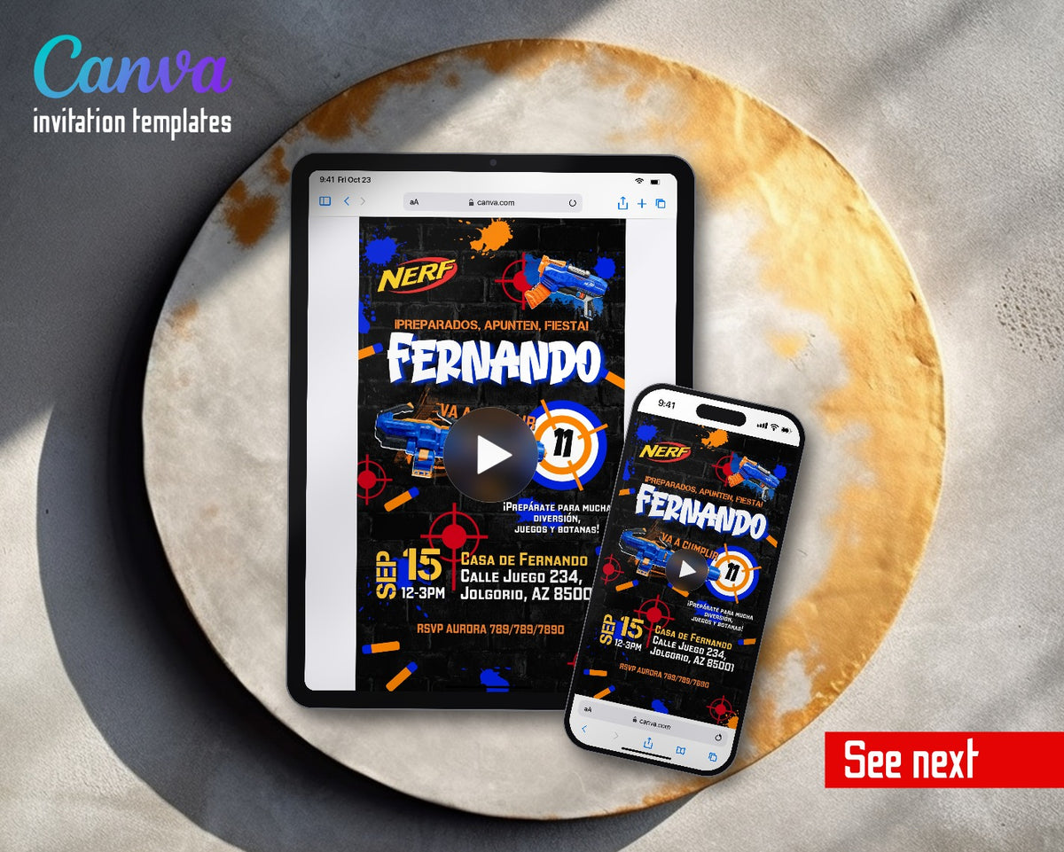Nerf Spanish Target Video Birthday Invitation | Animated Evite | Editable Canva