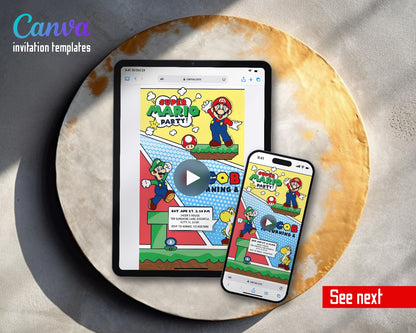 Super Mario Bros Comic Pop Art Party Video Birthday Invitation | Animated Evite | Editable Canva