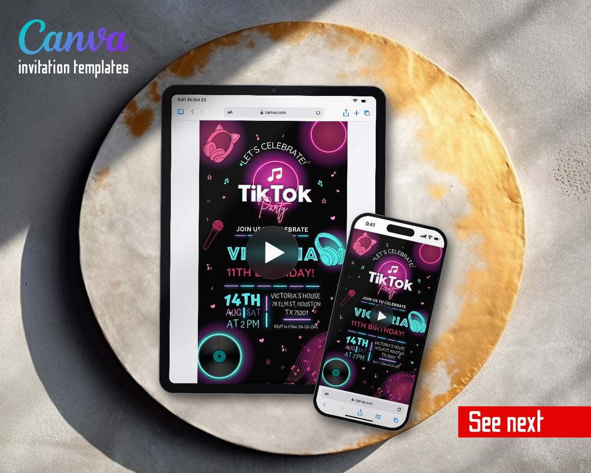 Tik Tok Party Neon Music Studio Video Birthday Invitation | Animated Evite | Editable Canva