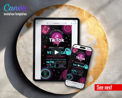 Tik Tok Party Neon Music Studio Video Birthday Invitation | Animated Evite | Editable Canva