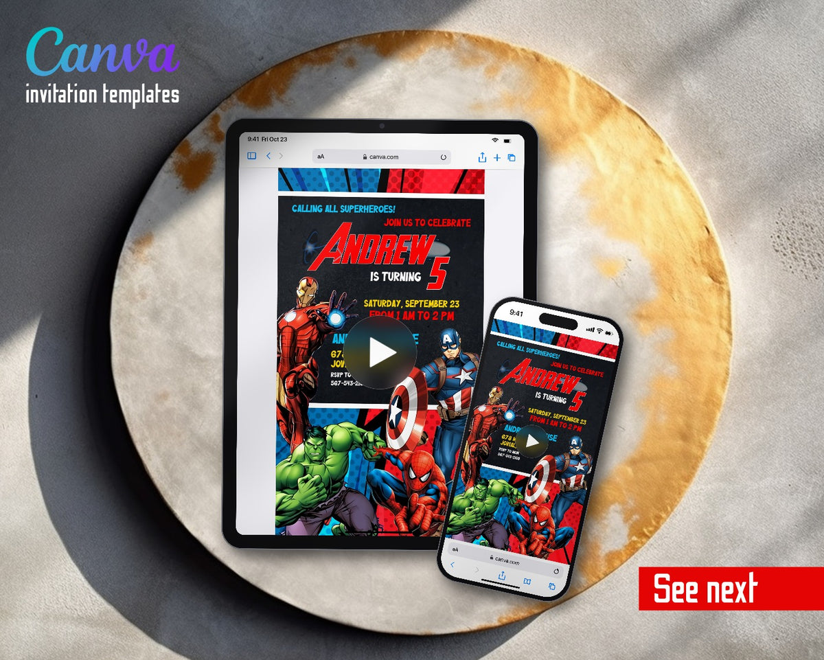 Avengers Comic Heroes Dark Navy Video Birthday Invitation | Animated Evite | Editable Canva