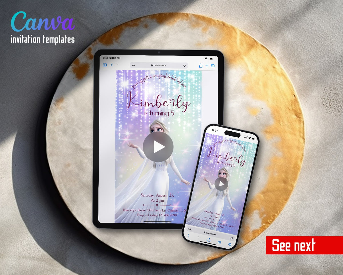 Frozen Elsa White Dress Sparkle Video Birthday Invitation | Animated Evite | Editable Canva