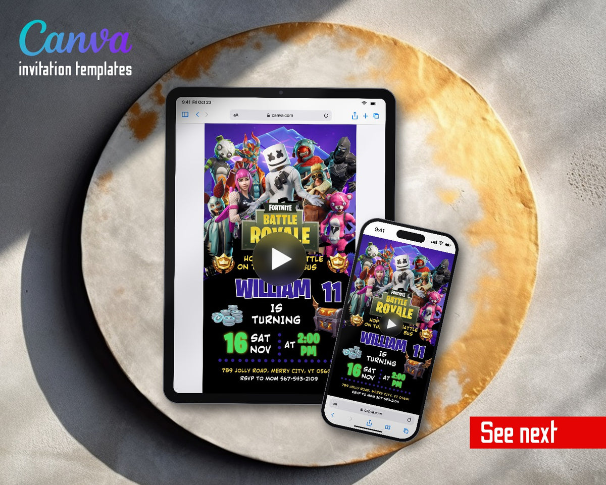 Fortnite Gamer Marshmello Battle Royale Squad Video Birthday Invitation | Animated Evite | Editable Canva