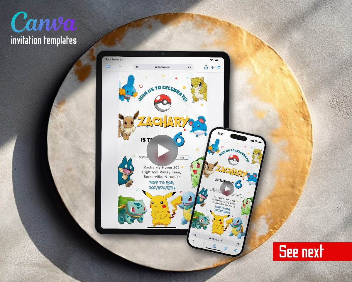 Pokemon Pikachu White Parade Video Birthday Invitation | Animated Evite | Editable Canva