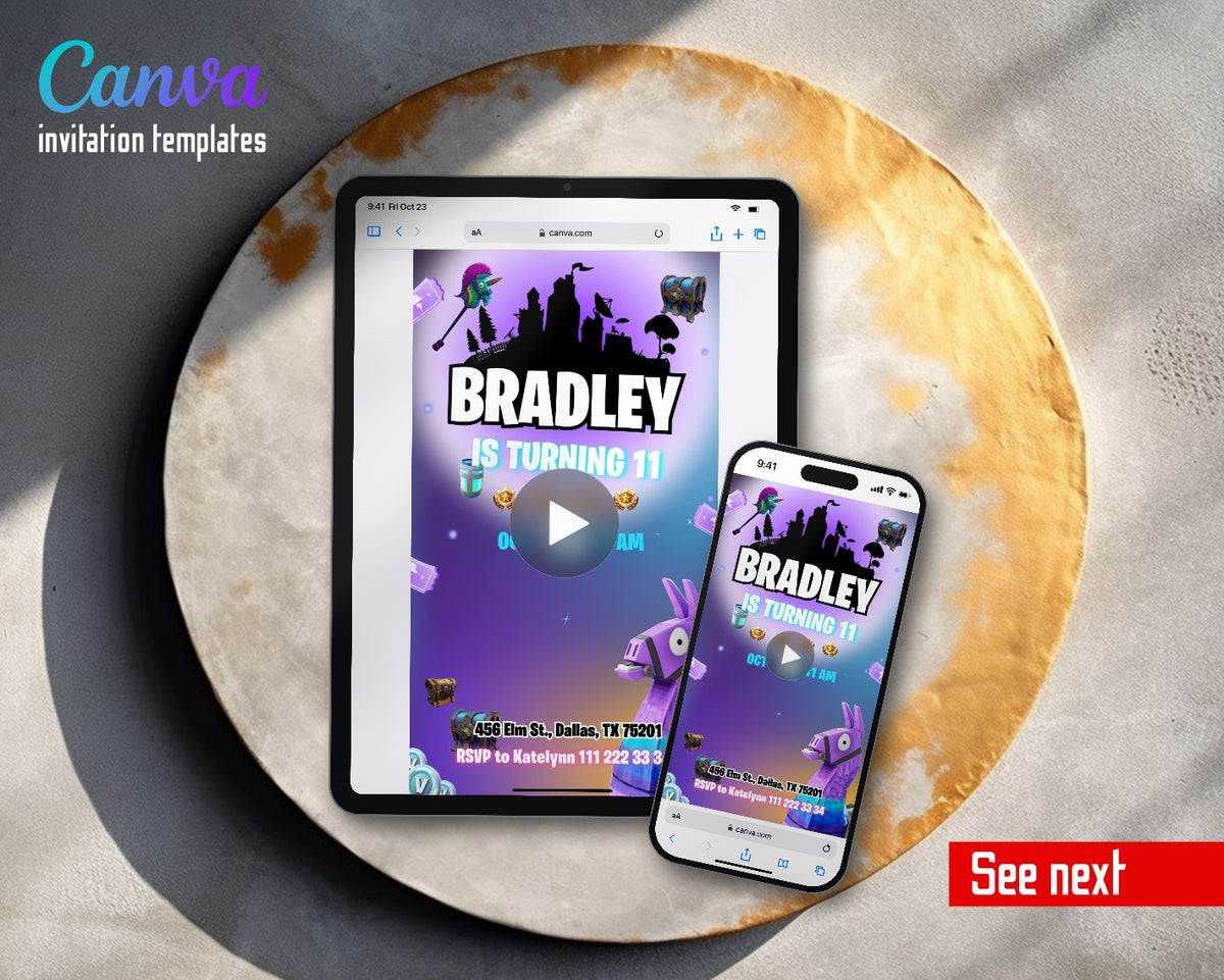 Fortnite Gamer Purple Llama Skyline Video Birthday Invitation | Animated Evite | Editable Canva