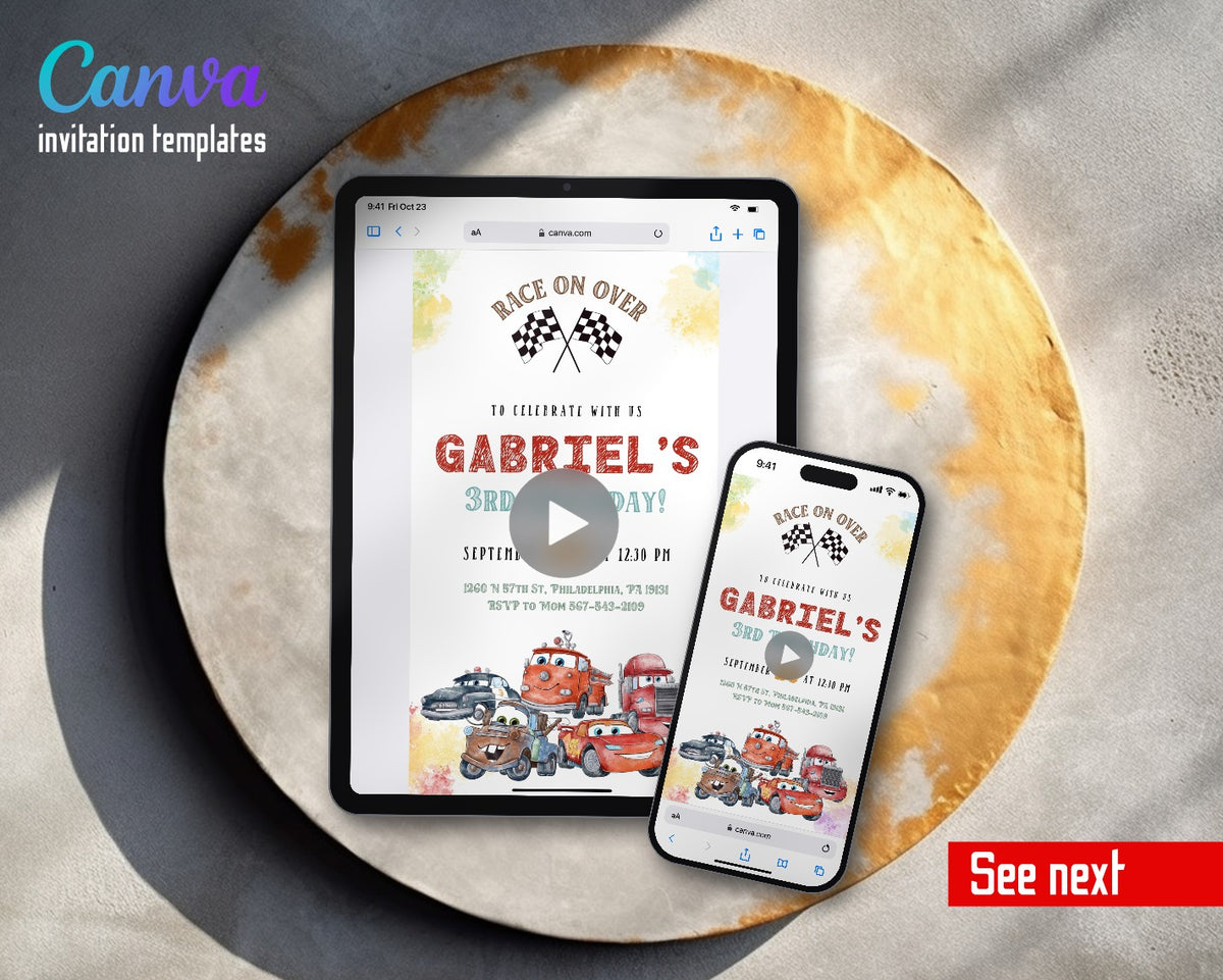 Cars Lightning McQueen Radiator Springs Watercolor Crew Video Birthday Invitation | Animated Evite | Editable Canva