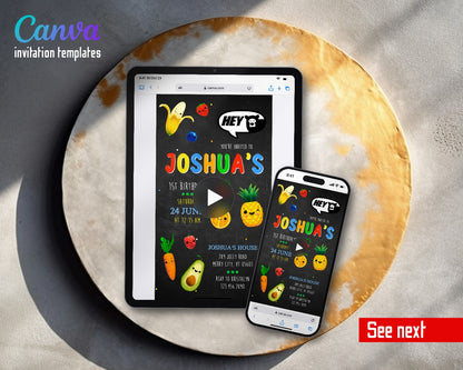 Hey Bear Sensory Dancing Fruits Chalkboard Video Birthday Invitation | Animated Evite | Editable Canva
