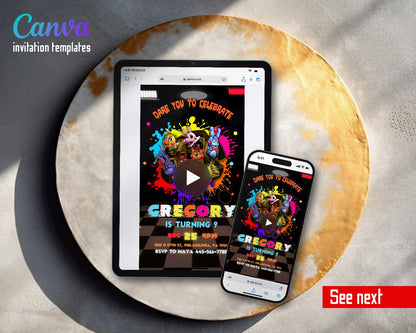 Five Nights at Freddy's Paint Splash Glitch Name Video Birthday Invitation | Animated Evite | Editable Canva