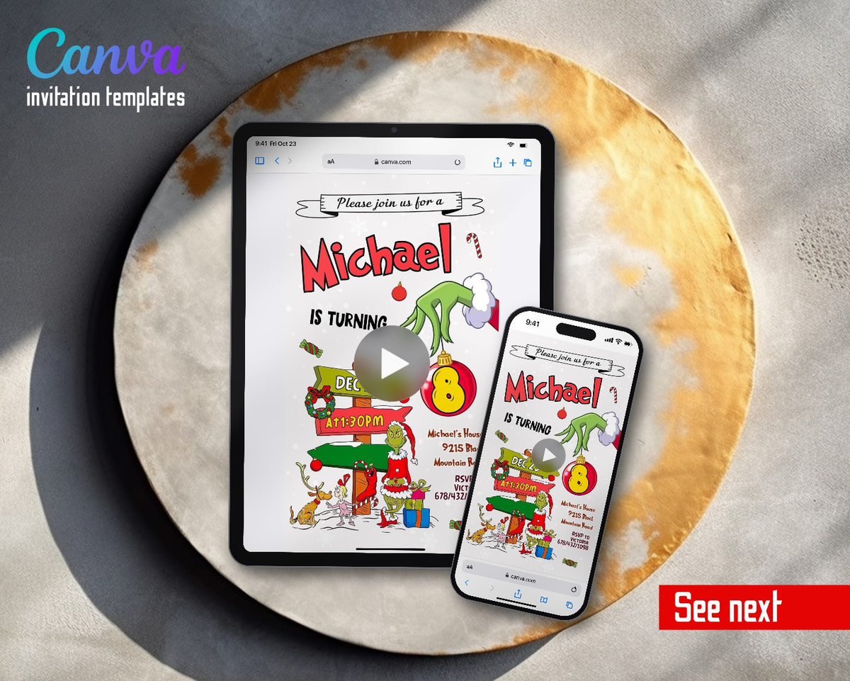 The Grinch Merry Grinchmas Signpost Sleigh Video Birthday Invitation | Animated Evite | Editable Canva
