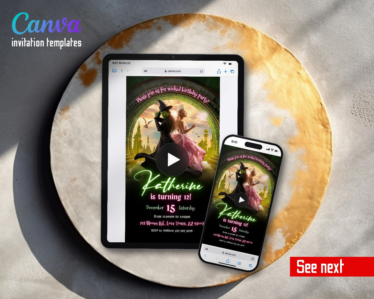 Wicked Musical Movie Neon Emerald City Witches Video Birthday Invitation | Animated Evite | Editable Canva