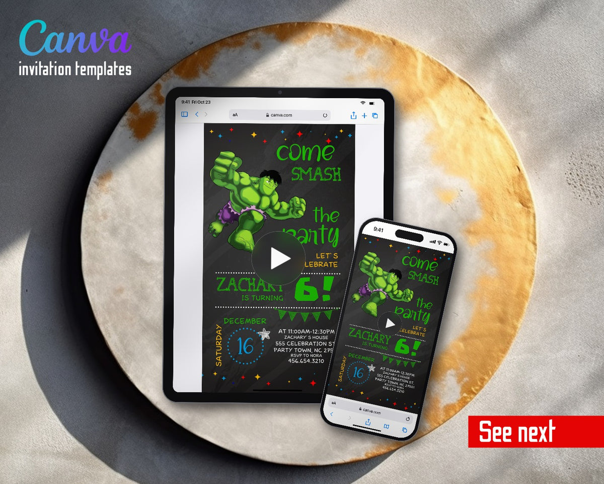 Hulk Chalkboard Smash Video Birthday Invitation | Animated Evite | Editable Canva