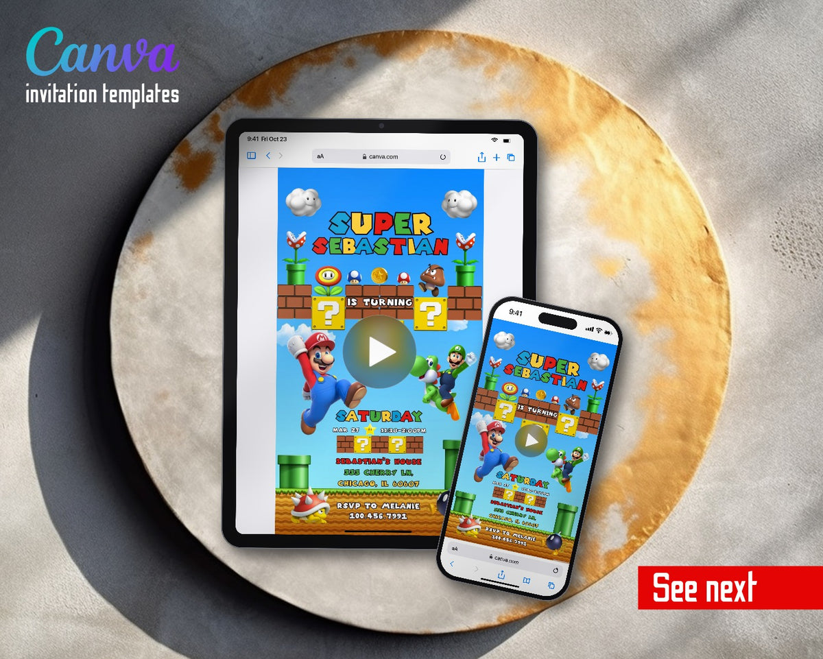 Super Mario Bros Blue Sky Brick World Video Birthday Invitation | Animated Evite | Editable Canva