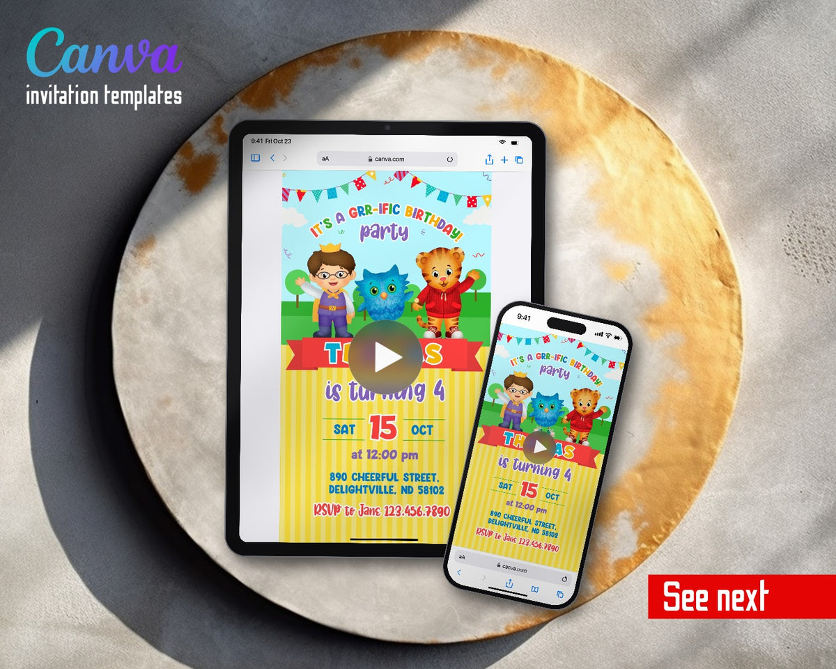 Daniel Tiger's Neighborhood Grr-ific Yellow Stripes Video Birthday Invitation | Animated Evite | Editable Canva