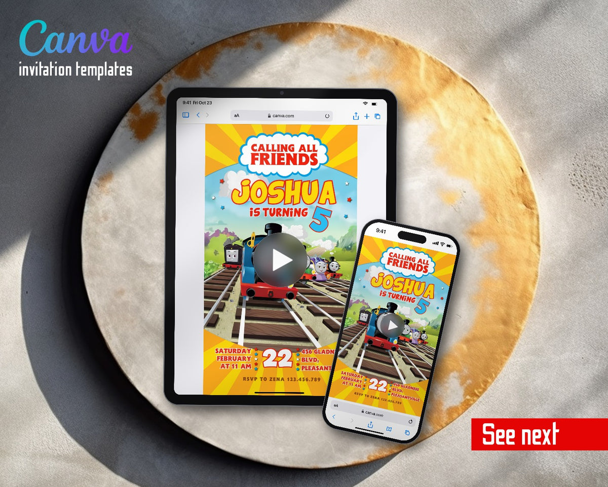 Thomas Train & Friends Railway Sunburst Video Birthday Invitation | Animated Evite | Editable Canva