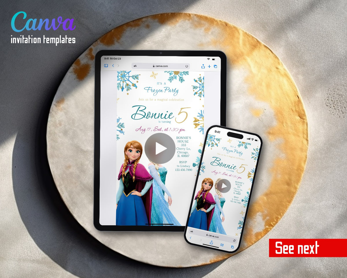 Frozen Elsa Gold Snowflake Corners Video Birthday Invitation | Animated Evite | Editable Canva