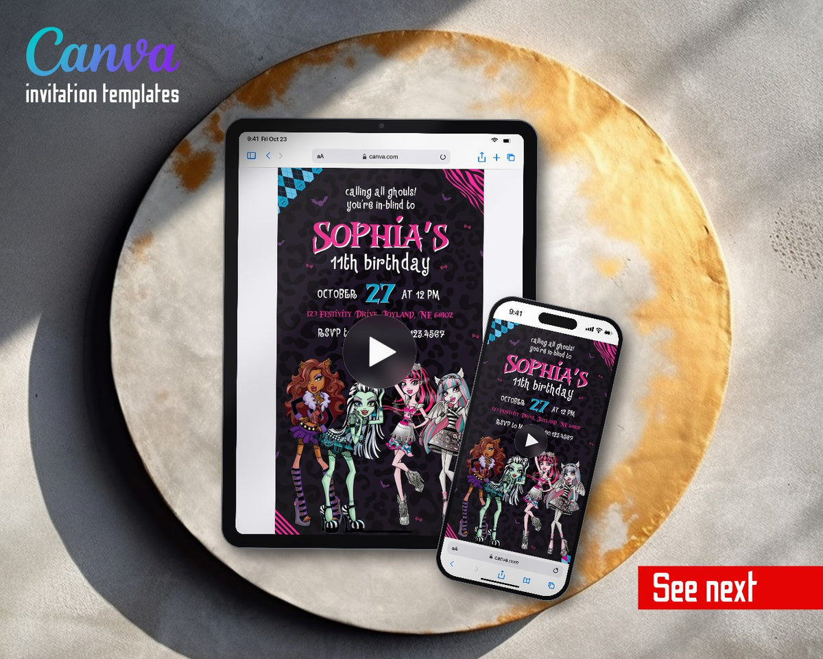 Monster High Leopard Print Big Dolls Video Birthday Invitation | Animated Evite | Editable Canva