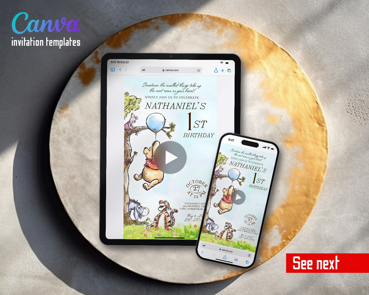 Winnie the Pooh Balloon Tree Watercolor Video Birthday Invitation | Animated Evite | Editable Canva