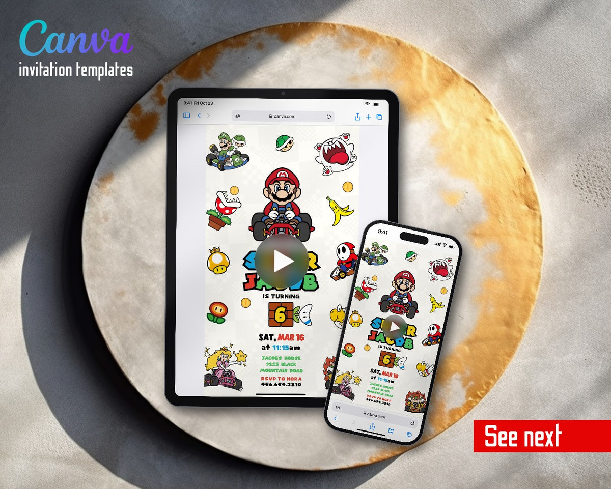 Mario Kart Icons Checkerboard Video Birthday Invitation | Animated Evite | Editable Canva