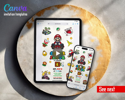 Mario Kart Icons Checkerboard Video Birthday Invitation | Animated Evite | Editable Canva