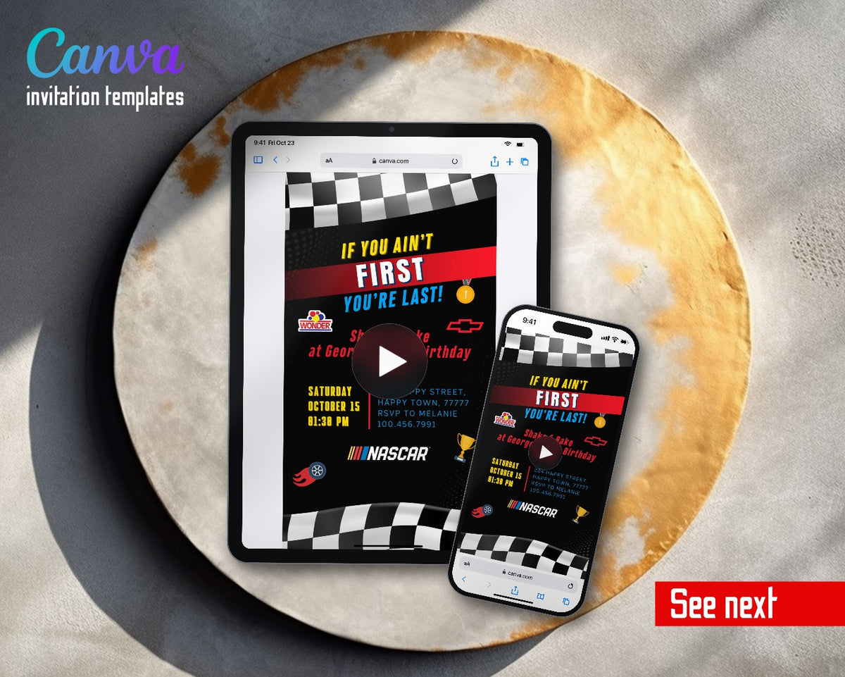 Nascar Racing Ricky Bobby Wonder Bread Red Stripe Video Birthday Invitation | Animated Evite | Editable Canva
