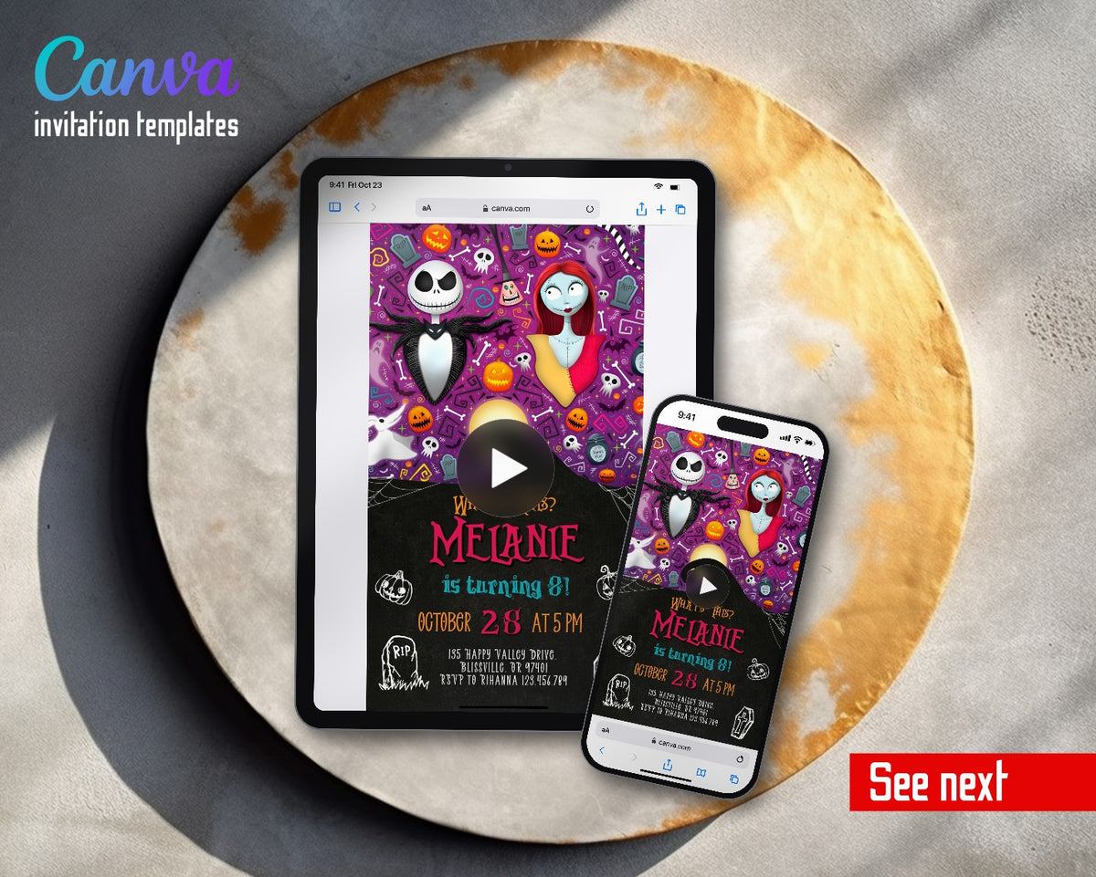 The Nightmare Before Christmas Halloween Purple Pattern Jack Sally Video Birthday Invitation | Animated Evite | Editable Canva