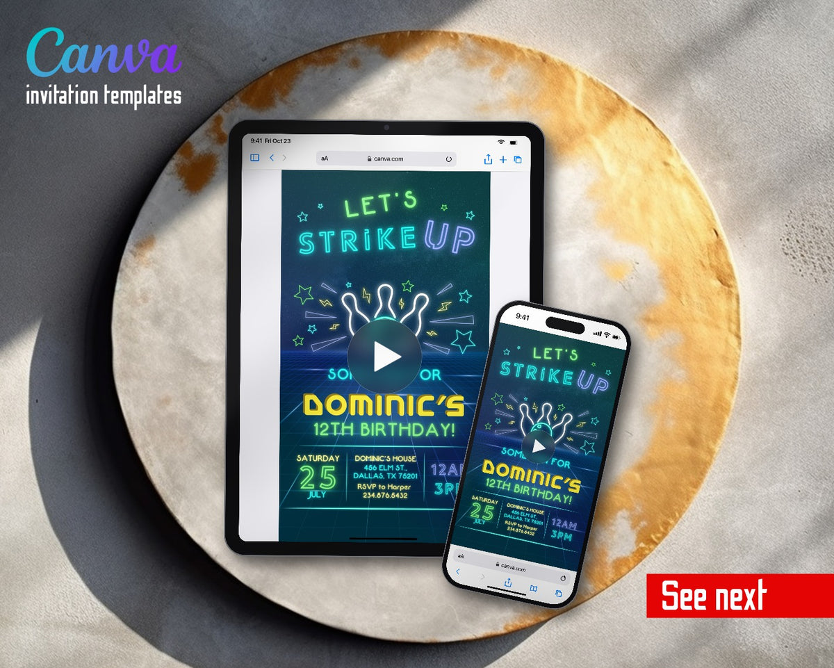 Bowling Strike Up Neon Alley Video Birthday Invitation | Animated Evite | Editable Canva