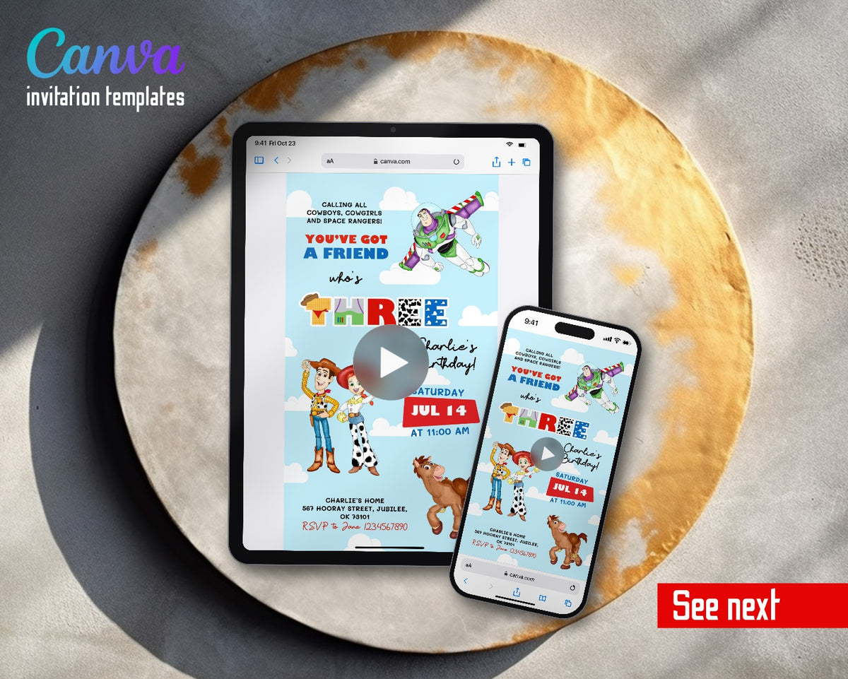Toy Story Woody Buzz Lightyear Cowboys Space Rangers Light Video Birthday Invitation | Animated Evite | Editable Canva