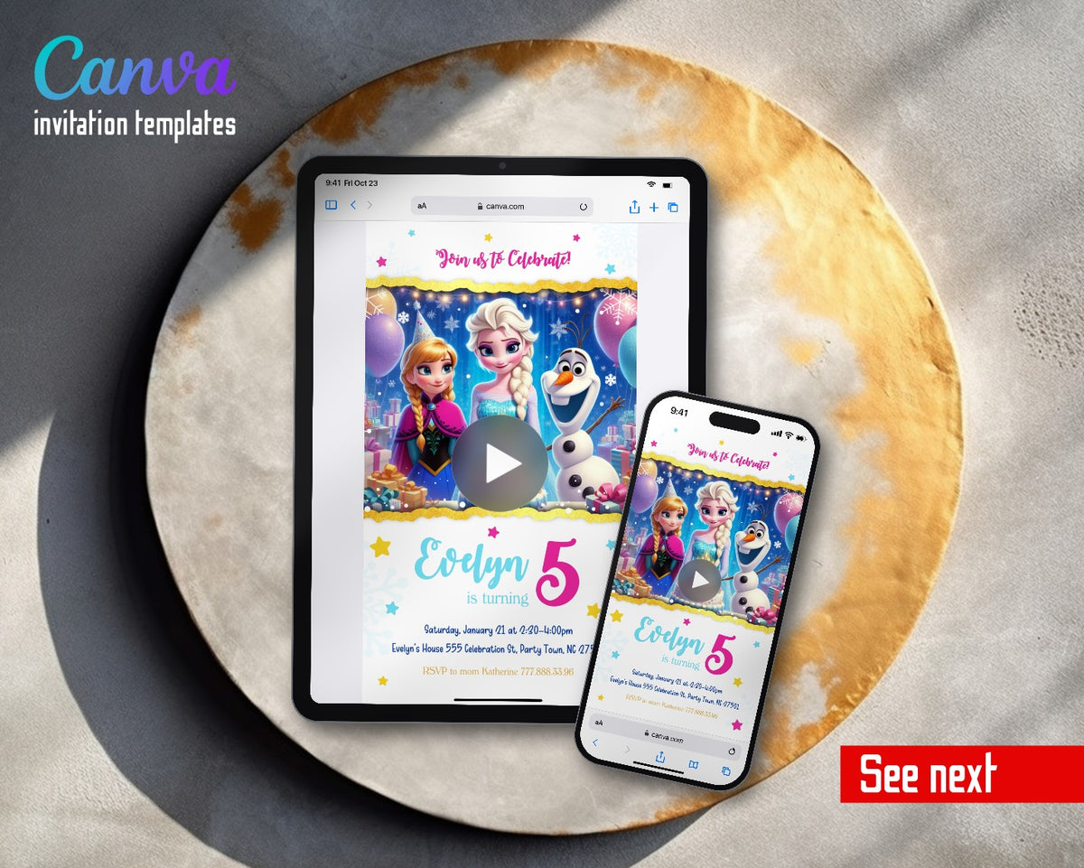 Frozen Elsa Birthday Cake Olaf Video Birthday Invitation | Animated Evite | Editable Canva