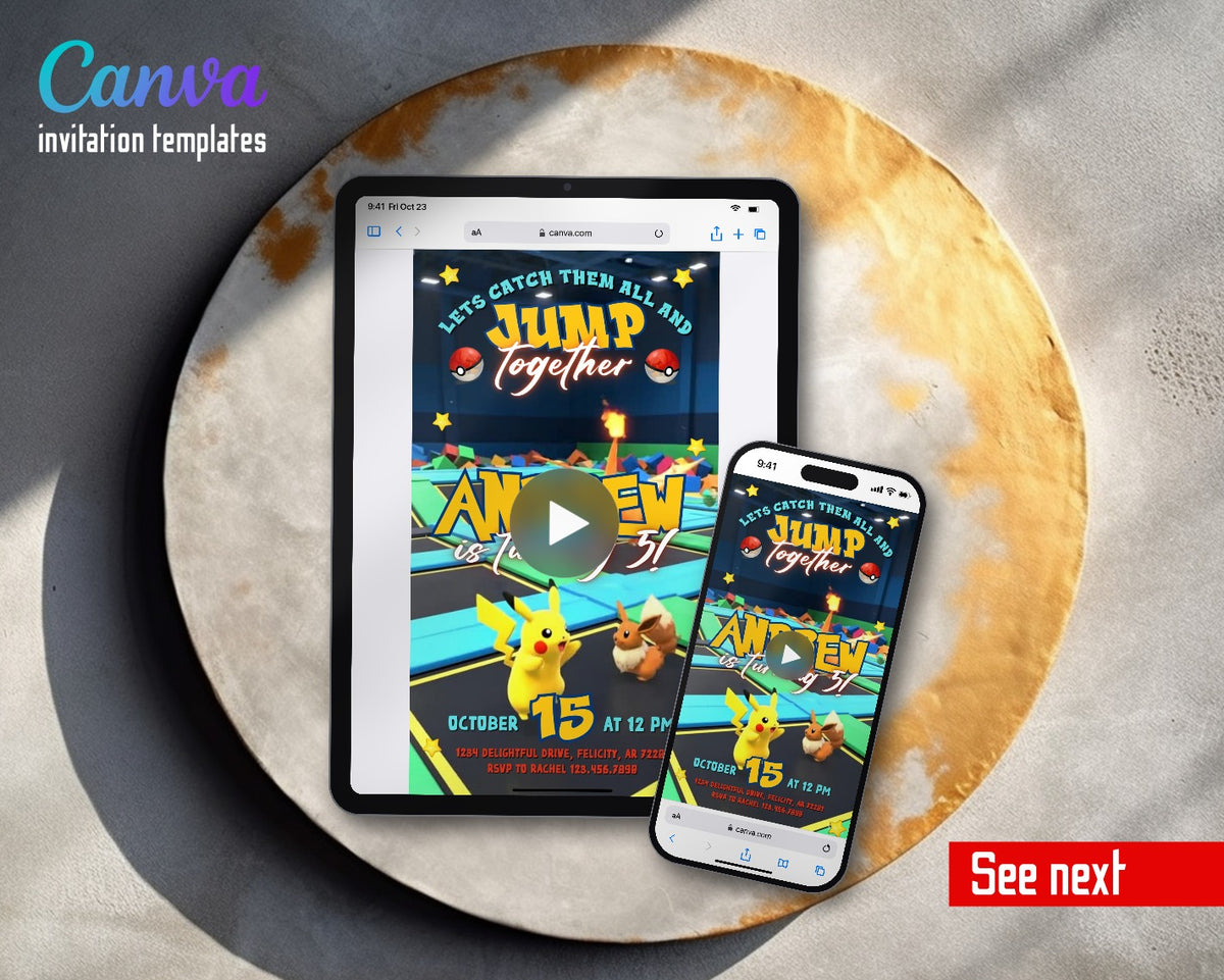 Pokemon Jump Trampoline Park Pikachu Video Birthday Invitation | Animated Evite | Editable Canva