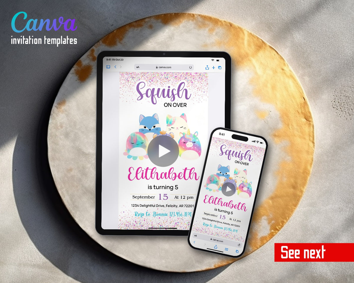Squishmallows Confetti Fox Squish Purple Video Birthday Invitation | Animated Evite | Editable Canva