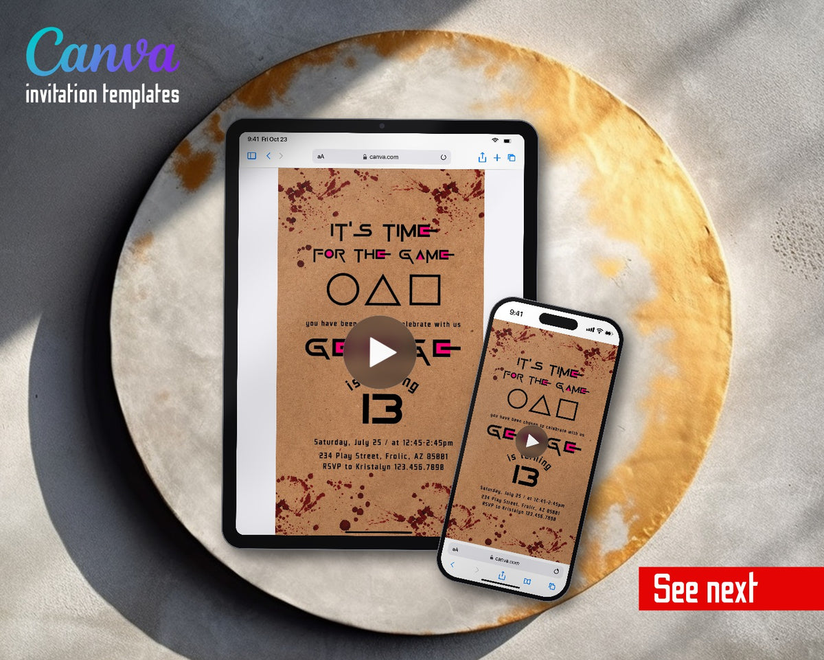 Squid Game Kraft Paper Blood Splatter Video Birthday Invitation | Animated Evite | Editable Canva