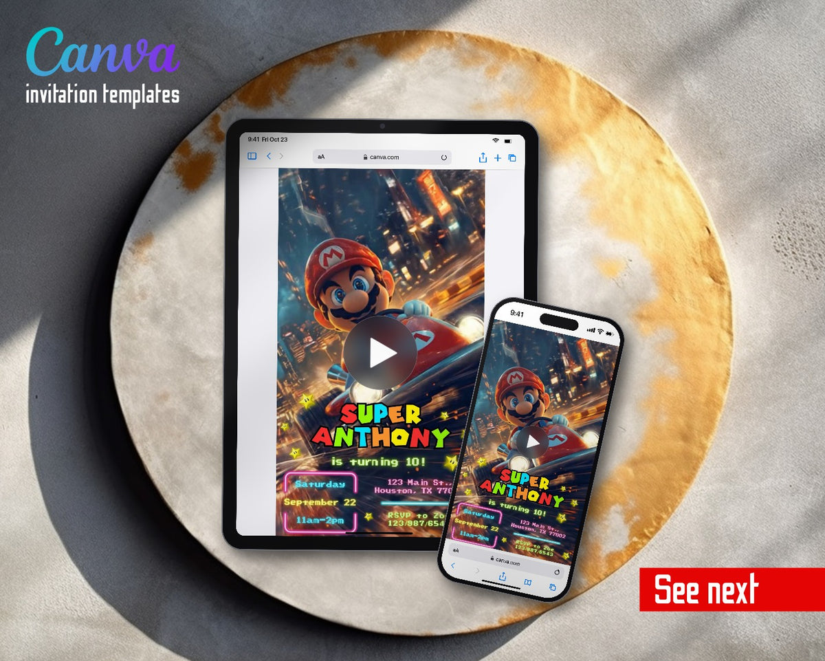 Mario Kart Neon City Video Birthday Invitation | Animated Evite | Editable Canva