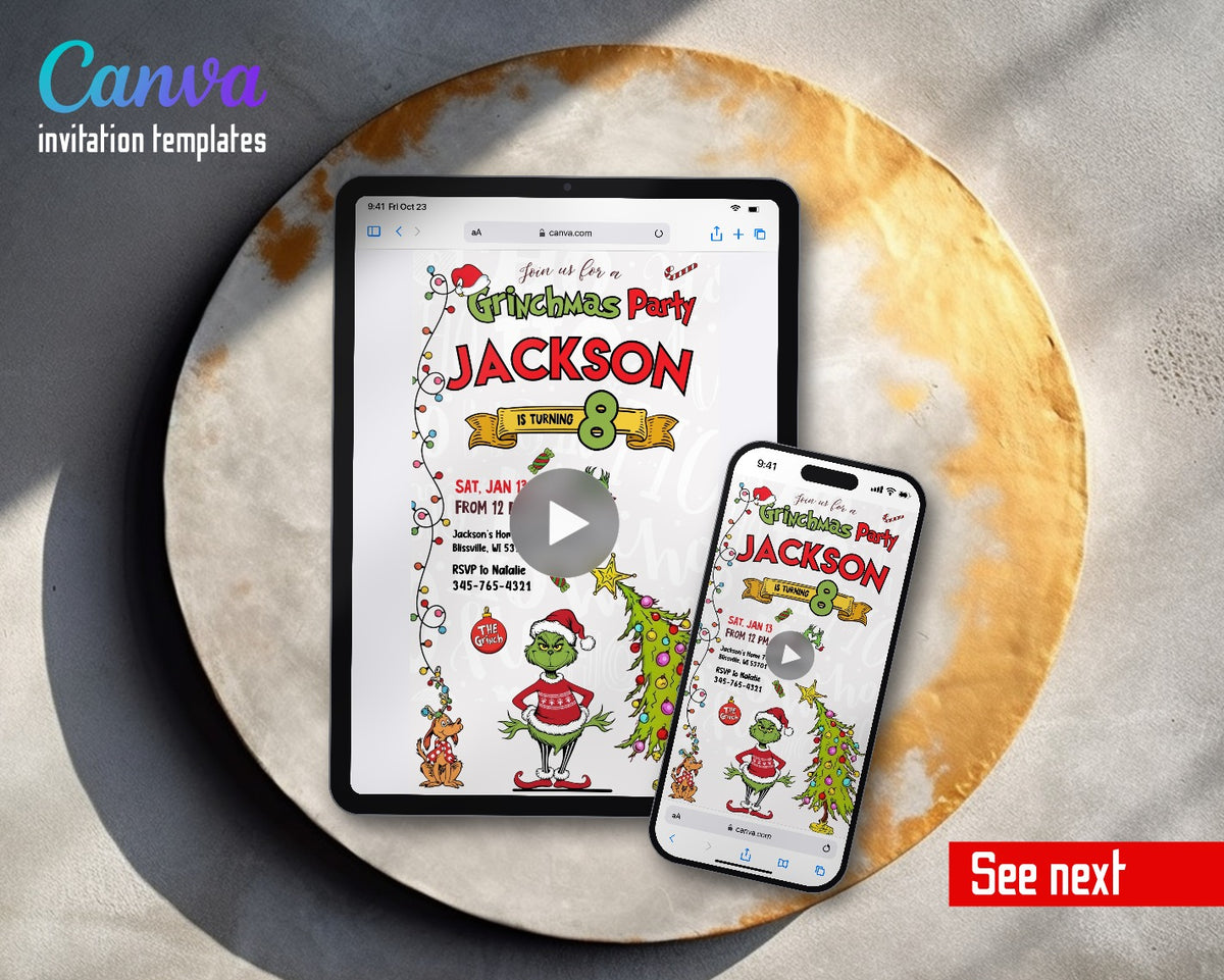 The Grinch Merry Grinchmas Sweater Tree Scroll Video Birthday Invitation | Animated Evite | Editable Canva