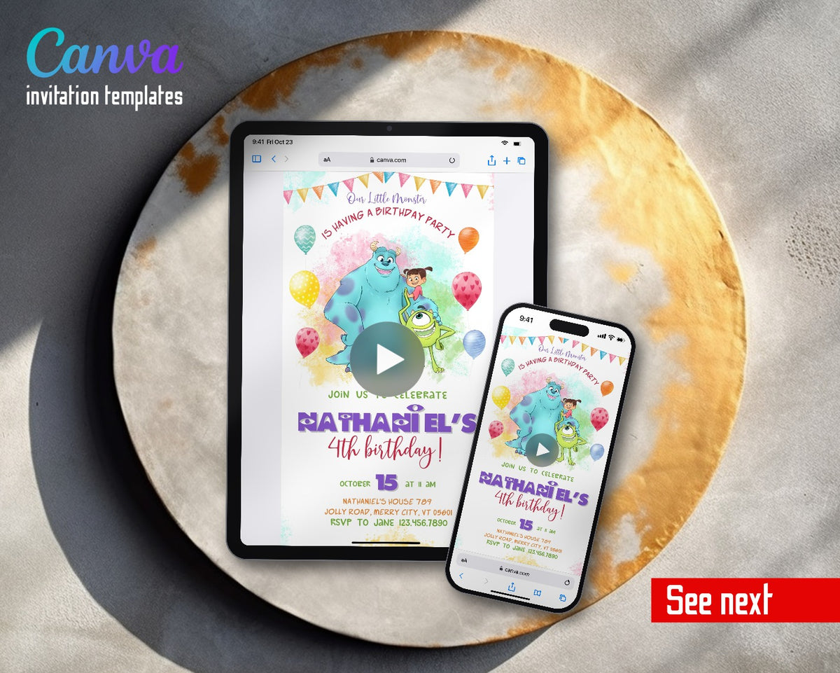Monsters, Inc. Watercolor Balloon Sulley Boo Video Birthday Invitation | Animated Evite | Editable Canva