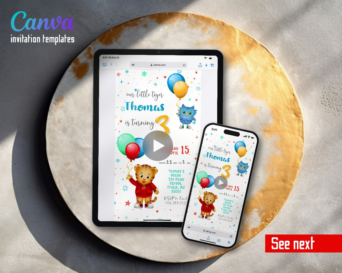 Daniel Tiger's Neighborhood Star Sprinkle Balloons Video Birthday Invitation | Animated Evite | Editable Canva