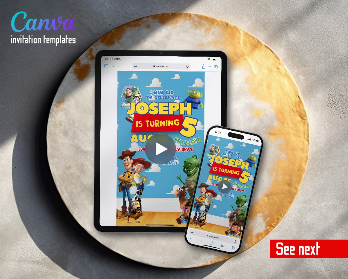 Toy Story Woody Buzz Lightyear Red Banner Gang Video Birthday Invitation | Animated Evite | Editable Canva