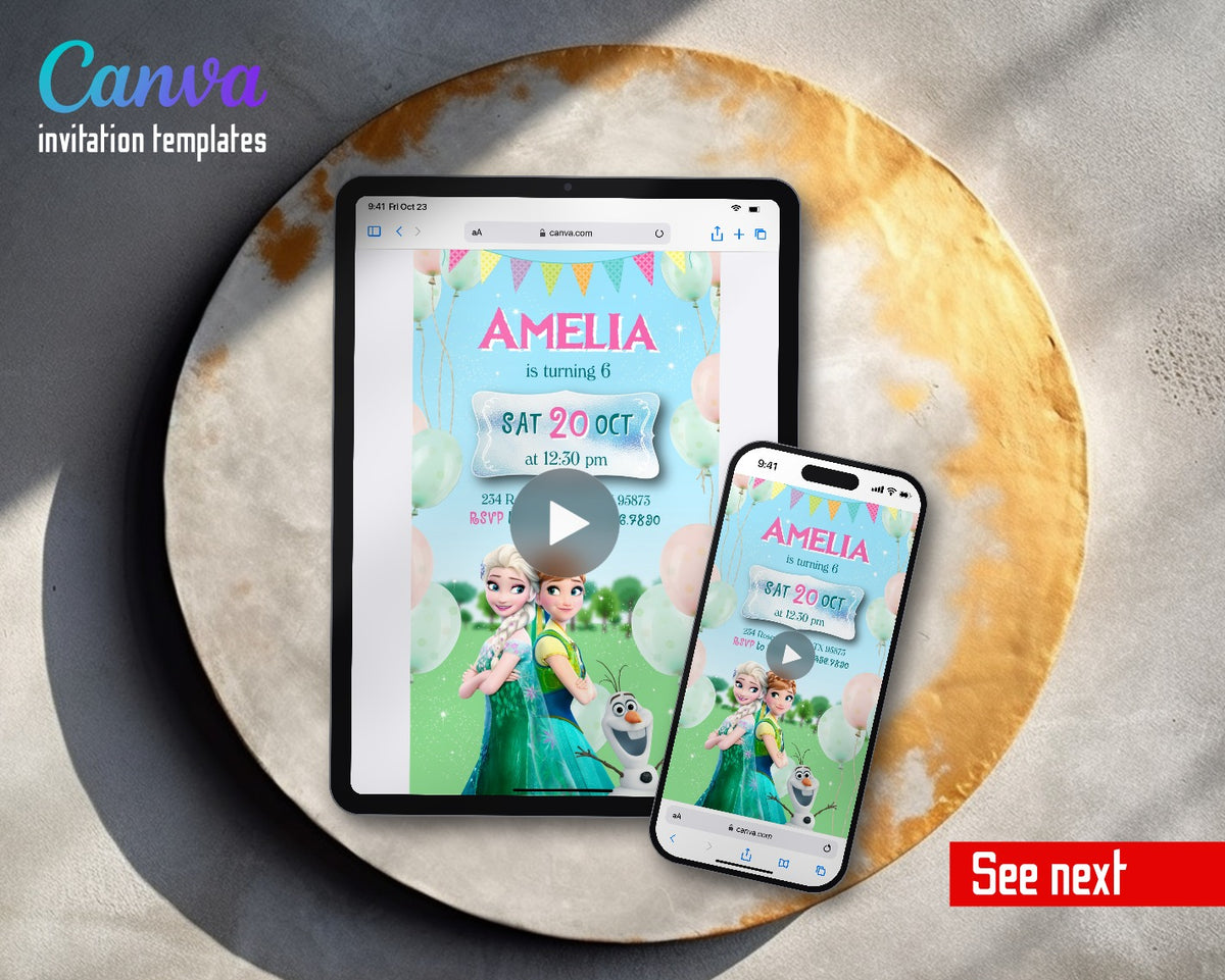 Frozen Elsa Fever Garden Balloons Video Birthday Invitation | Animated Evite | Editable Canva
