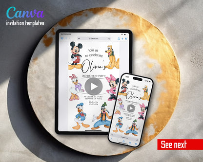 Clubhouse Mickey Mouse Watercolor Gang Video Birthday Invitation | Animated Evite | Editable Canva