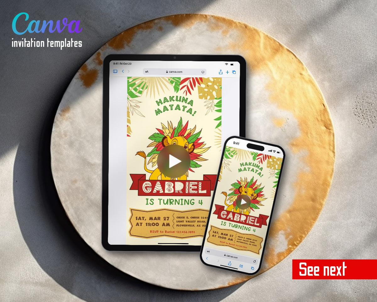 Lion King Simba Hakuna Matata Leaf Mane Video Birthday Invitation | Animated Evite | Editable Canva