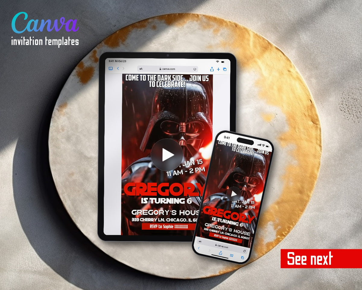 Darth Vader Red Closeup Video Birthday Invitation | Animated Evite | Editable Canva