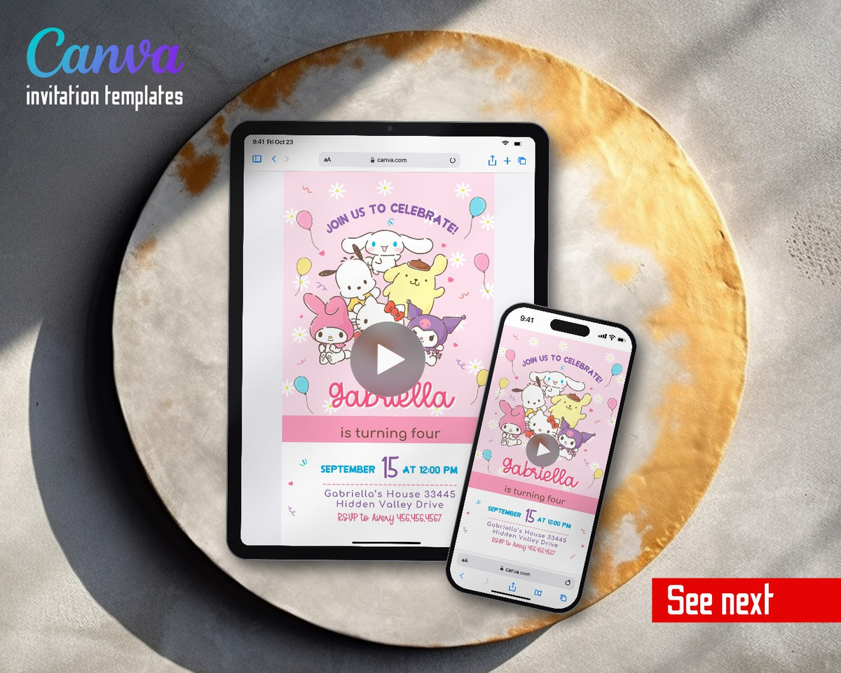 Hello Kitty Sanrio Friends Pink Balloons Video Birthday Invitation | Animated Evite | Editable Canva