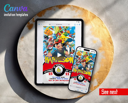 Pokemon Pikachu Pokeball Ash Group Video Birthday Invitation | Animated Evite | Editable Canva