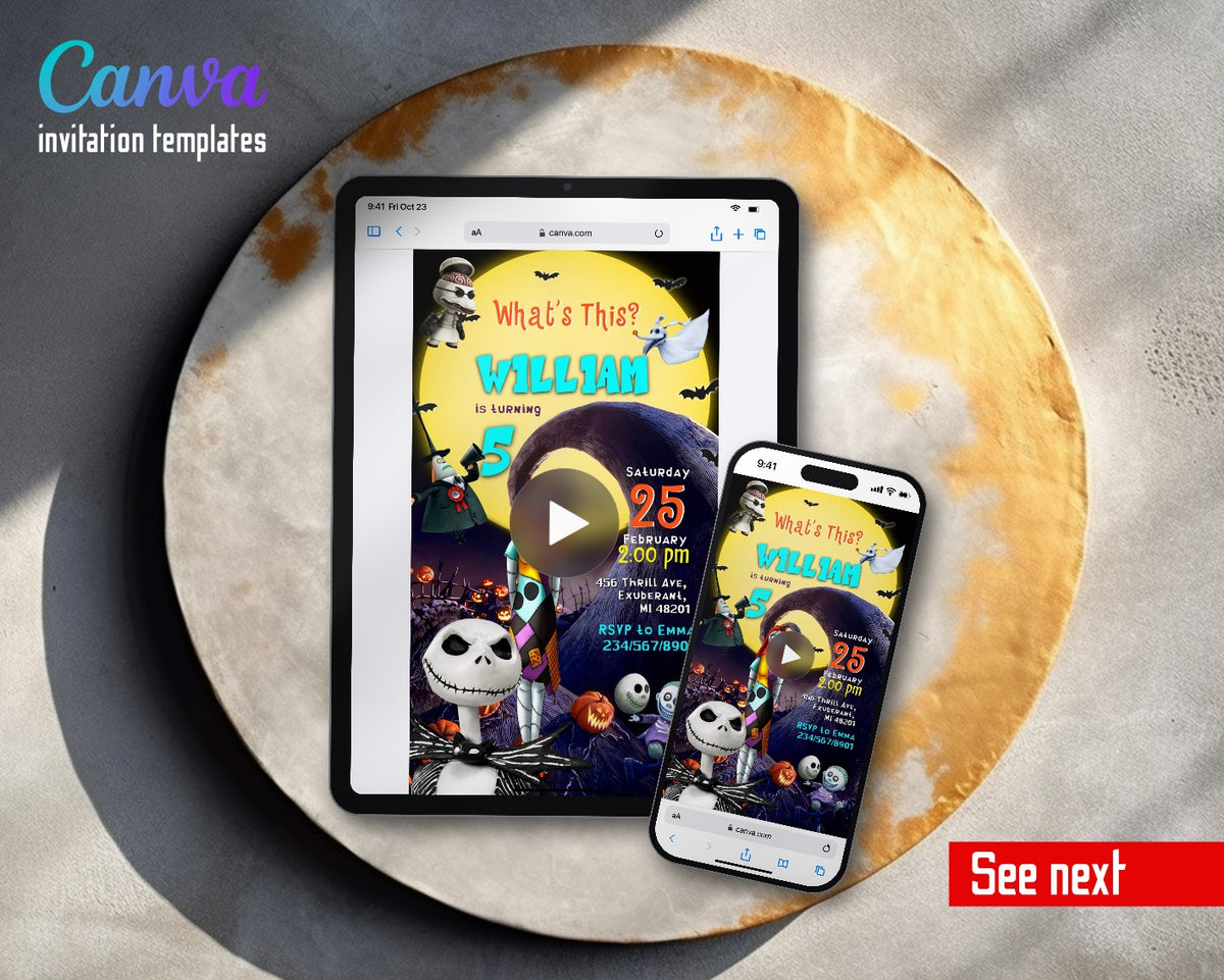 The Nightmare Before Christmas Halloween Moon Hill Cyan Name Video Birthday Invitation | Animated Evite | Editable Canva