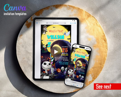 The Nightmare Before Christmas Halloween Moon Hill Cyan Name Video Birthday Invitation | Animated Evite | Editable Canva