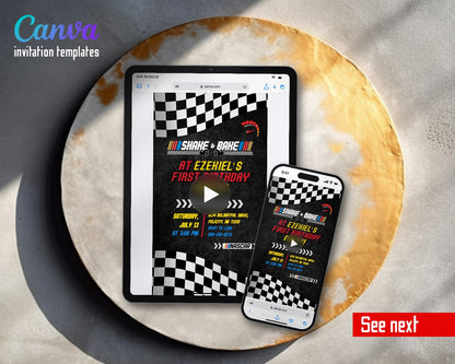 Nascar Racing Ricky Bobby Shake Bake Black Flags Video Birthday Invitation | Animated Evite | Editable Canva